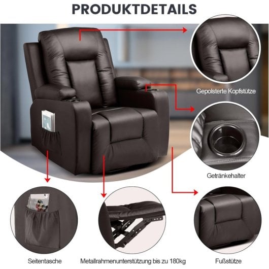 Sillón Relax Para Tv Con Respaldo Y Reposapiés Ajustables, Sillón Lounge 360° Giratorio De Cuero Pu Con Portavasos Y Bolsillos Laterales, Soporte Ergonómico Para Cuerpo Completo - Marrón
