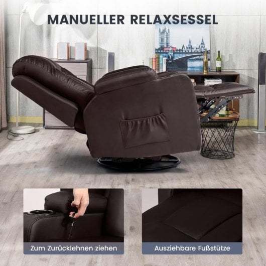 Sillón Relax Para Tv Con Respaldo Y Reposapiés Ajustables, Sillón Lounge 360° Giratorio De Cuero Pu Con Portavasos Y Bolsillos Laterales, Soporte Ergonómico Para Cuerpo Completo - Marrón
