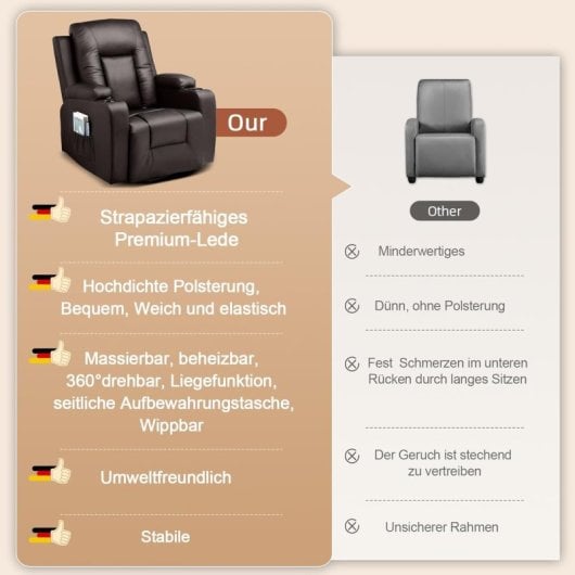 Sillón Relax Para Tv Con Respaldo Y Reposapiés Ajustables, Sillón Lounge 360° Giratorio De Cuero Pu Con Portavasos Y Bolsillos Laterales, Soporte Ergonómico Para Cuerpo Completo - Marrón