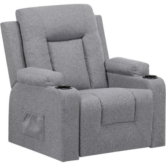 Sillón Relax De Tela Para Salón Con Respaldo Ajustable Manual, Reposapiés Extraíble, Giro 360°, Portavasos, Bolsillos Laterales Y Diseño Ergonómico - Gris Oscuro
