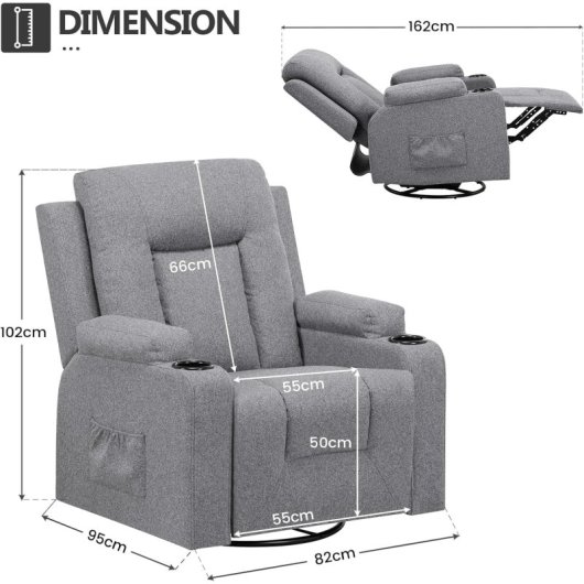 Sillón Relax De Tela Para Salón Con Respaldo Ajustable Manual, Reposapiés Extraíble, Giro 360°, Portavasos, Bolsillos Laterales Y Diseño Ergonómico - Gris Oscuro
