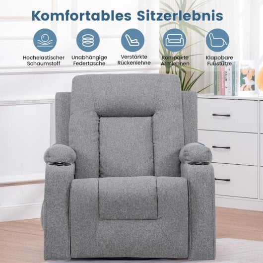 Sillón Relax De Tela Para Salón Con Respaldo Ajustable Manual, Reposapiés Extraíble, Giro 360°, Portavasos, Bolsillos Laterales Y Diseño Ergonómico - Gris Oscuro