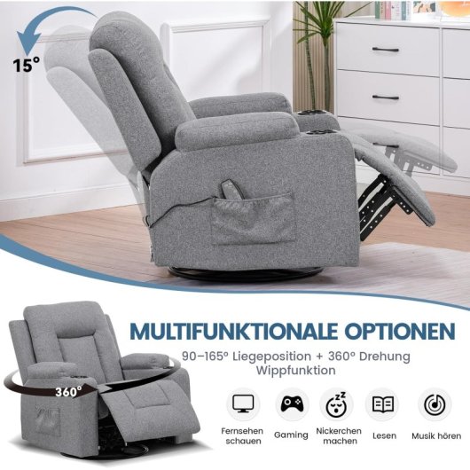 Sillón Relax De Tela Para Salón Con Respaldo Ajustable Manual, Reposapiés Extraíble, Giro 360°, Portavasos, Bolsillos Laterales Y Diseño Ergonómico - Gris Oscuro