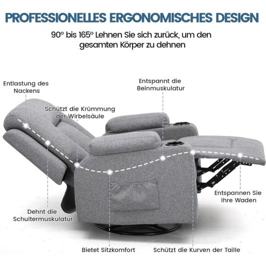 Sillón Relax De Tela Para Salón Con Respaldo Ajustable Manual, Reposapiés Extraíble, Giro 360°, Portavasos, Bolsillos Laterales Y Diseño Ergonómico - Gris Oscuro