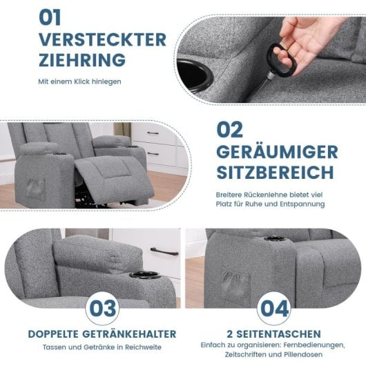 Sillón Relax De Tela Para Salón Con Respaldo Ajustable Manual, Reposapiés Extraíble, Giro 360°, Portavasos, Bolsillos Laterales Y Diseño Ergonómico - Gris Oscuro