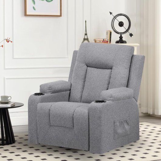 Sillón Relax De Tela Para Salón Con Respaldo Ajustable Manual, Reposapiés Extraíble, Giro 360°, Portavasos, Bolsillos Laterales Y Diseño Ergonómico - Gris Oscuro