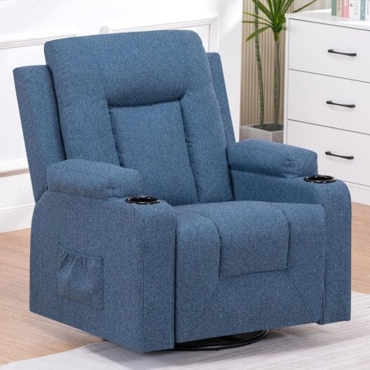 Sillón Relax De Tela Para Salón Con Respaldo Ajustable Manual, Reposapiés Extraíble, Giro 360°, Portavasos, Bolsillos Laterales Y Diseño Ergonómico - Azul