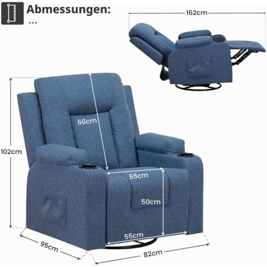 Sillón Relax De Tela Para Salón Con Respaldo Ajustable Manual, Reposapiés Extraíble, Giro 360°, Portavasos, Bolsillos Laterales Y Diseño Ergonómico - Azul