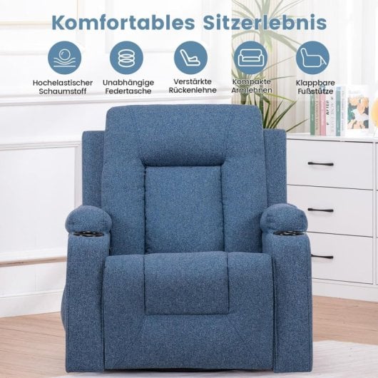 Sillón Relax De Tela Para Salón Con Respaldo Ajustable Manual, Reposapiés Extraíble, Giro 360°, Portavasos, Bolsillos Laterales Y Diseño Ergonómico - Azul