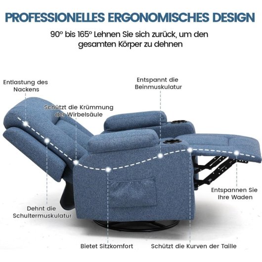 Sillón Relax De Tela Para Salón Con Respaldo Ajustable Manual, Reposapiés Extraíble, Giro 360°, Portavasos, Bolsillos Laterales Y Diseño Ergonómico - Azul