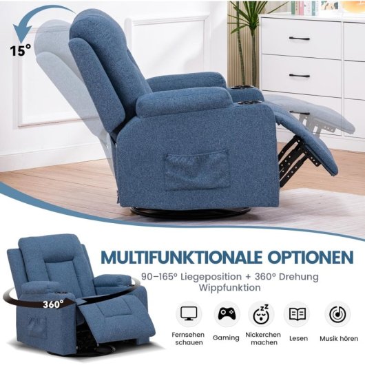 Sillón Relax De Tela Para Salón Con Respaldo Ajustable Manual, Reposapiés Extraíble, Giro 360°, Portavasos, Bolsillos Laterales Y Diseño Ergonómico - Azul