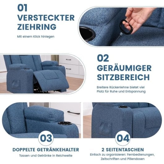 Sillón Relax De Tela Para Salón Con Respaldo Ajustable Manual, Reposapiés Extraíble, Giro 360°, Portavasos, Bolsillos Laterales Y Diseño Ergonómico - Azul