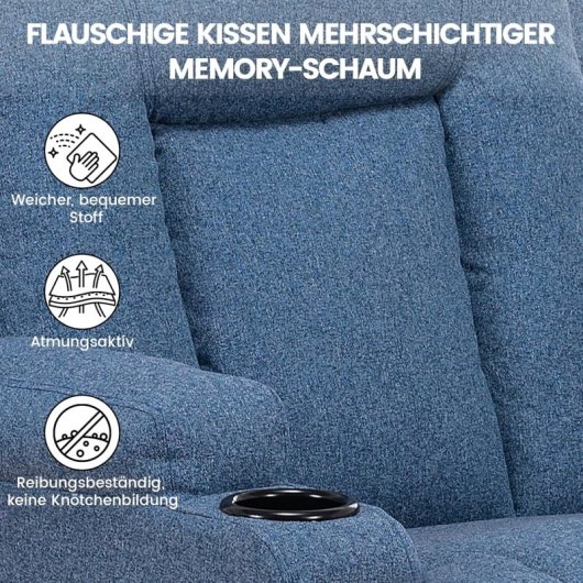 Sillón Relax De Tela Para Salón Con Respaldo Ajustable Manual, Reposapiés Extraíble, Giro 360°, Portavasos, Bolsillos Laterales Y Diseño Ergonómico - Azul