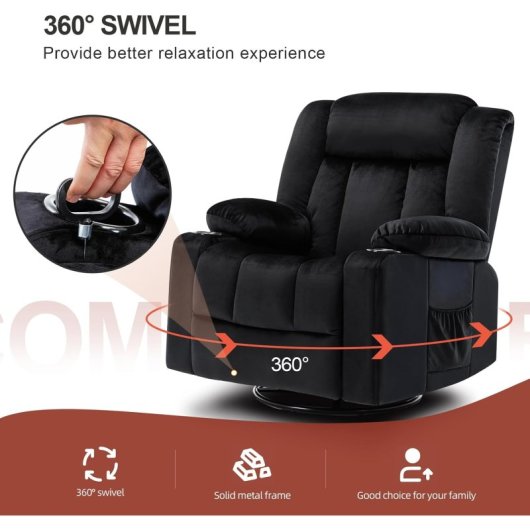 Sillón Relax Giratorio Manual Para Adultos Con Respaldo Y Reposapiés Ajustables, Sillón Lounge 360° Para Salón, Tela Suave, Ergonómico - Negro
