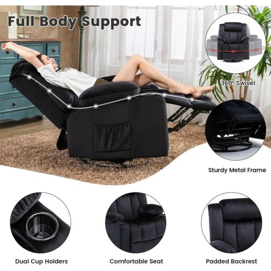 Sillón Relax Giratorio Manual Para Adultos Con Respaldo Y Reposapiés Ajustables, Sillón Lounge 360° Para Salón, Tela Suave, Ergonómico - Negro