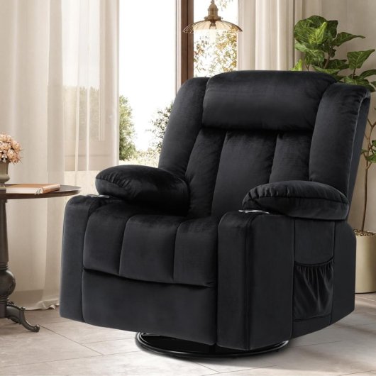 Sillón Relax Giratorio Manual Para Adultos Con Respaldo Y Reposapiés Ajustables, Sillón Lounge 360° Para Salón, Tela Suave, Ergonómico - Negro
