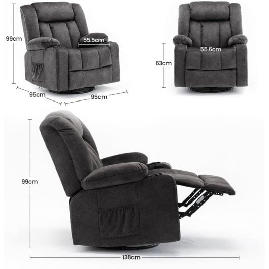 Sillón Relax Giratorio Manual Para Adultos Con Respaldo Y Reposapiés Ajustables, Sillón Lounge 360° Para Salón, Portavasos, Bolsillos Laterales, Tela Suave, Ergonómico - Gris
