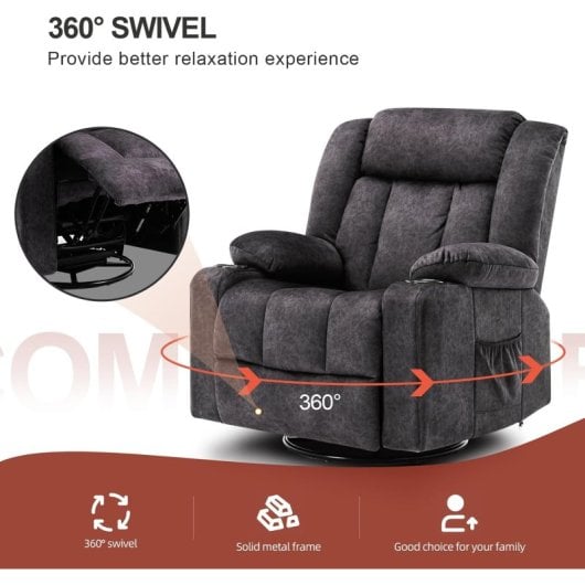 Sillón Relax Giratorio Manual Para Adultos Con Respaldo Y Reposapiés Ajustables, Sillón Lounge 360° Para Salón, Portavasos, Bolsillos Laterales, Tela Suave, Ergonómico - Gris
