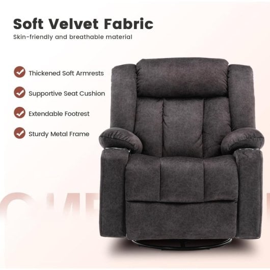 Sillón Relax Giratorio Manual Para Adultos Con Respaldo Y Reposapiés Ajustables, Sillón Lounge 360° Para Salón, Portavasos, Bolsillos Laterales, Tela Suave, Ergonómico - Gris