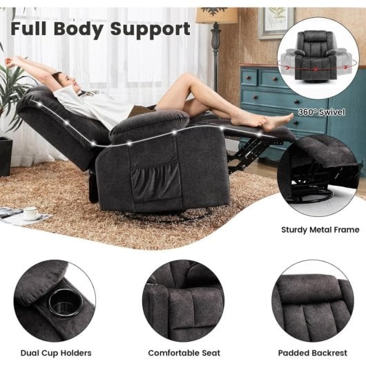 Sillón Relax Giratorio Manual Para Adultos Con Respaldo Y Reposapiés Ajustables, Sillón Lounge 360° Para Salón, Portavasos, Bolsillos Laterales, Tela Suave, Ergonómico - Gris
