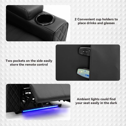 Sillón Para Tv Relax Con Función Reclinable Y Led, Sillón Ajustable Eléctrico Hasta 150kg Con Masaje Para Salón Dormitorio Home Cinema - Negro