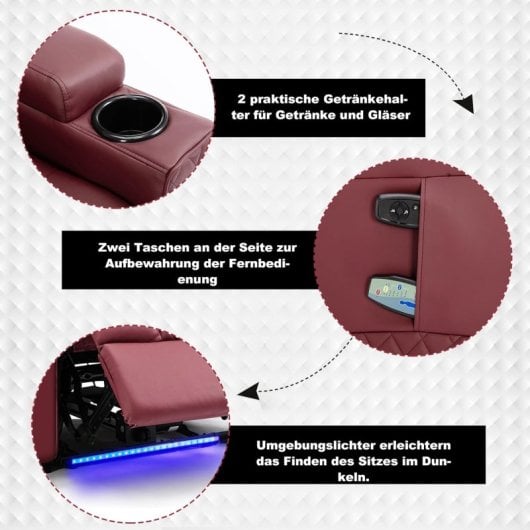 Sillón Para Tv Relax Con Función Reclinable Y Led, Sillón Ajustable Eléctrico Hasta 150kg Con Masaje Para Salón Dormitorio Home Cinema - Rojo