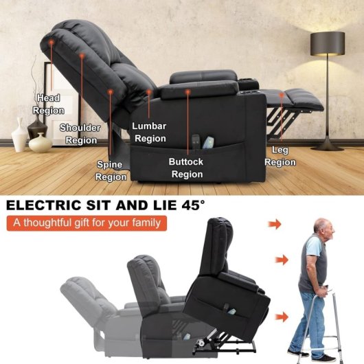 Sillón Relax Eléctrico Con Asistencia De Elevación, Sillón Para Tv Con Masaje Y Función Reclinable, Sillón Powerlift Para Personas Mayores - Negro