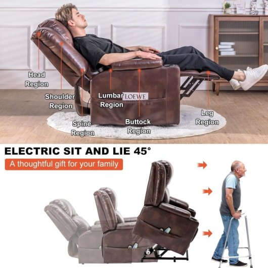 Sillón Relax Eléctrico Con Asistencia De Elevación, Sillón Para Tv Con Masaje Y Función Reclinable, Sillón Powerlift Para Personas Mayores - Marrón