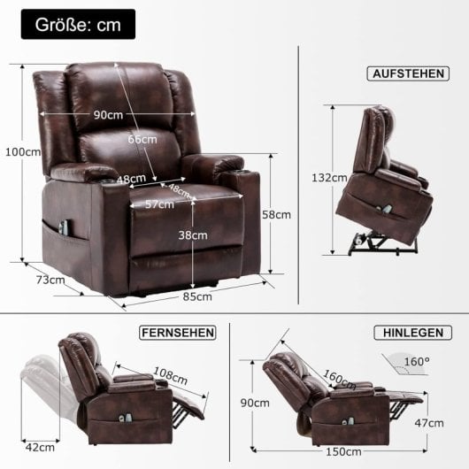 Sillón Relax Eléctrico Con Asistencia De Elevación, Sillón Para Tv Con Masaje Y Función Reclinable, Sillón Powerlift Para Personas Mayores - Marrón