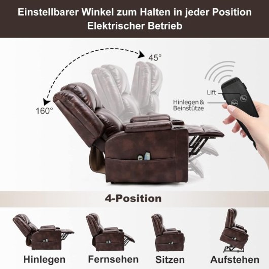Sillón Relax Eléctrico Con Asistencia De Elevación, Sillón Para Tv Con Masaje Y Función Reclinable, Sillón Powerlift Para Personas Mayores - Marrón