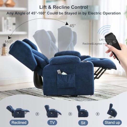 Sillón Relax Con Asistencia De Elevación Y Masaje, Superficie De Tela, Sillón Eléctrico Para Tv Con Función Reclinable - Tela Azul