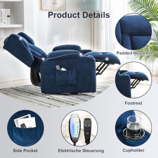 Sillón Relax Con Asistencia De Elevación Y Masaje, Superficie De Tela, Sillón Eléctrico Para Tv Con Función Reclinable - Tela Azul