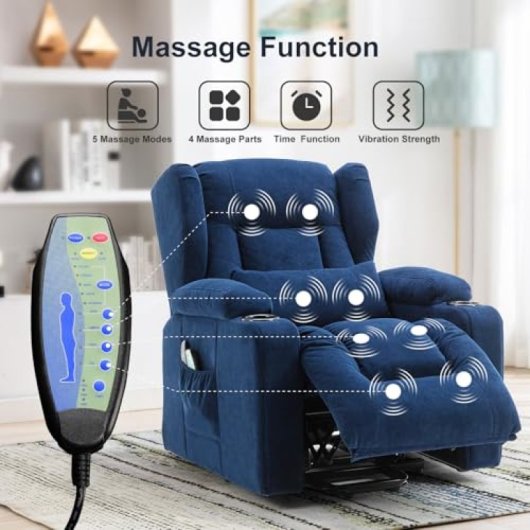 Sillón Relax Con Asistencia De Elevación Y Masaje, Superficie De Tela, Sillón Eléctrico Para Tv Con Función Reclinable - Tela Azul