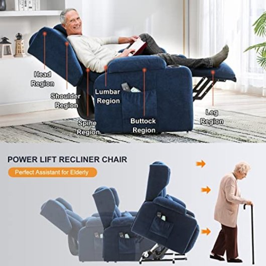 Sillón Relax Con Asistencia De Elevación Y Masaje, Superficie De Tela, Sillón Eléctrico Para Tv Con Función Reclinable - Tela Azul