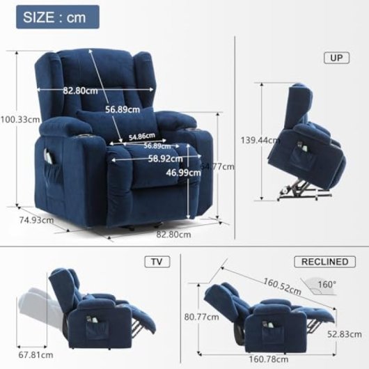 Sillón Relax Con Asistencia De Elevación Y Masaje, Superficie De Tela, Sillón Eléctrico Para Tv Con Función Reclinable - Tela Azul