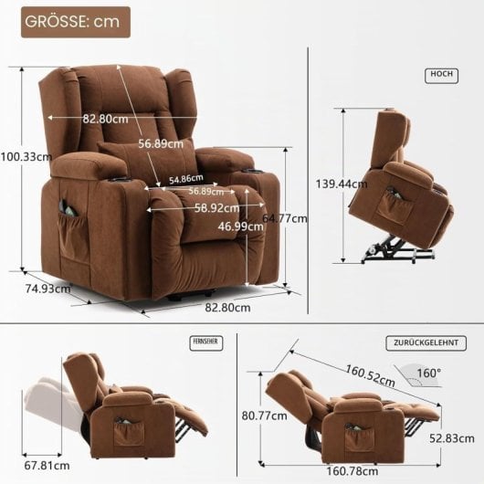Sillón Relax Eléctrico Para Salón, Tv Con Inclinación Y Masaje Por Vibración, Respaldo Ajustable Con Reposapiés Y Portavasos, Tela - Marrón