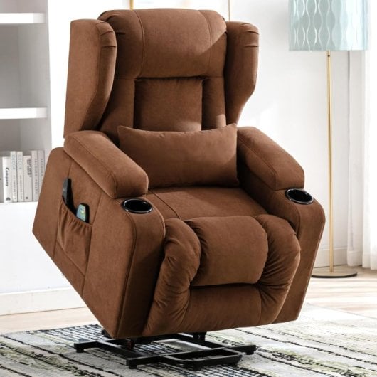 Sillón Relax Eléctrico Para Salón, Tv Con Inclinación Y Masaje Por Vibración, Respaldo Ajustable Con Reposapiés Y Portavasos, Tela - Marrón