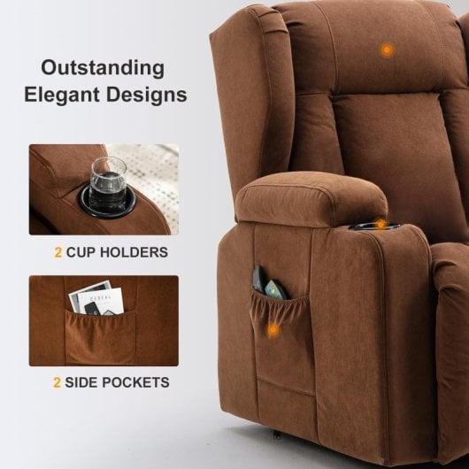 Sillón Relax Eléctrico Para Salón, Tv Con Inclinación Y Masaje Por Vibración, Respaldo Ajustable Con Reposapiés Y Portavasos, Tela - Marrón