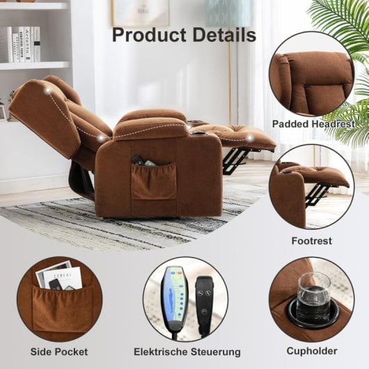 Sillón Relax Eléctrico Para Salón, Tv Con Inclinación Y Masaje Por Vibración, Respaldo Ajustable Con Reposapiés Y Portavasos, Tela - Marrón