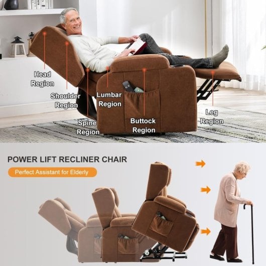 Sillón Relax Eléctrico Para Salón, Tv Con Inclinación Y Masaje Por Vibración, Respaldo Ajustable Con Reposapiés Y Portavasos, Tela - Marrón