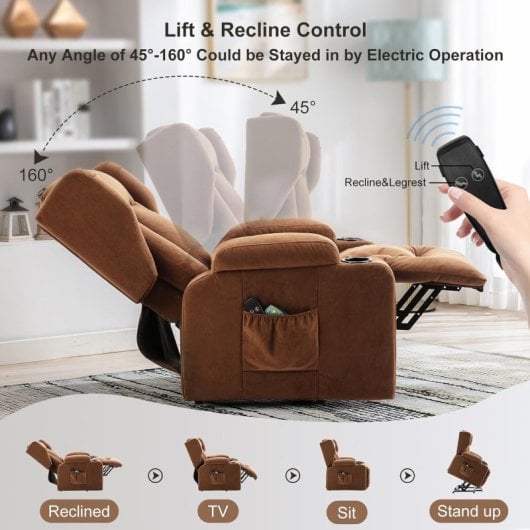 Sillón Relax Eléctrico Para Salón, Tv Con Inclinación Y Masaje Por Vibración, Respaldo Ajustable Con Reposapiés Y Portavasos, Tela - Marrón
