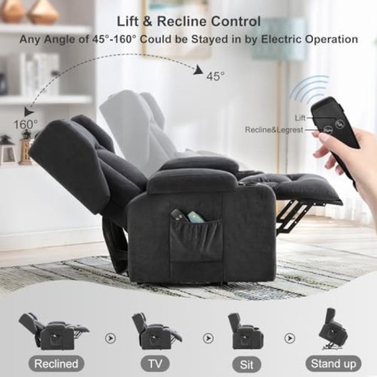 Sillón Relax Con Asistencia De Elevación Y Masaje, Superficie De Tela, Sillón Eléctrico Para Tv Con Función Reclinable - Tela Gris