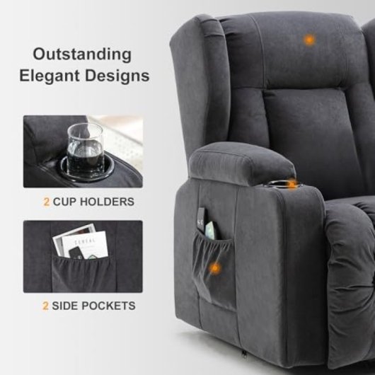 Sillón Relax Con Asistencia De Elevación Y Masaje, Superficie De Tela, Sillón Eléctrico Para Tv Con Función Reclinable - Tela Gris