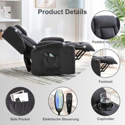 Sillón Relax Con Asistencia De Elevación Y Masaje, Superficie De Tela, Sillón Eléctrico Para Tv Con Función Reclinable - Tela Gris