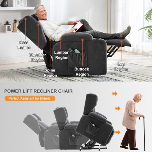 Sillón Relax Con Asistencia De Elevación Y Masaje, Superficie De Tela, Sillón Eléctrico Para Tv Con Función Reclinable - Tela Gris