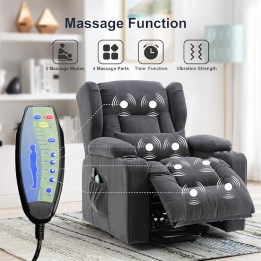 Sillón Relax Con Asistencia De Elevación Y Masaje, Superficie De Tela, Sillón Eléctrico Para Tv Con Función Reclinable - Tela Gris