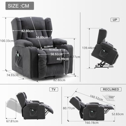 Sillón Relax Con Asistencia De Elevación Y Masaje, Superficie De Tela, Sillón Eléctrico Para Tv Con Función Reclinable - Tela Gris