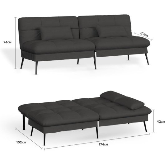 Sofá Cama Con Función De Cama, Funda Futón Plegable, Sofá Cama, Sofá Esquinero, Cama Invitados, Sofá 3 Plazas, Con Respaldo Ajustable En Tela - Negro