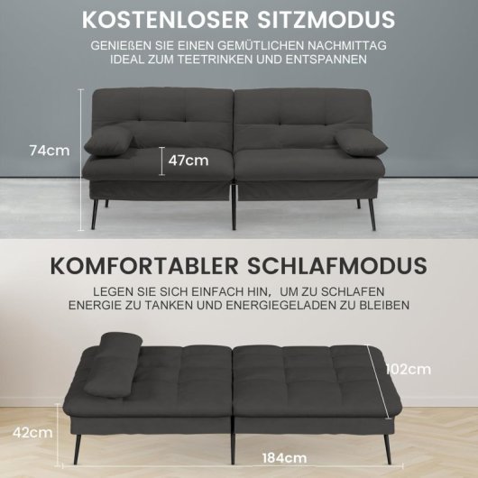 Sofá Cama Con Función De Cama, Funda Futón Plegable, Sofá Cama, Sofá Esquinero, Cama Invitados, Sofá 3 Plazas, Con Respaldo Ajustable En Tela - Negro