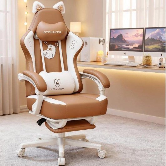 Cadeira gaming GTPLAYER Orelhas de gato Mousse de memoria couro PU Marrom